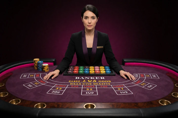 Live-Baccarat-Tisch mit Dealerin, getrennten Einsatzfeldern, Tischlimits und Sprachstatus im DudeSpin-Katalog