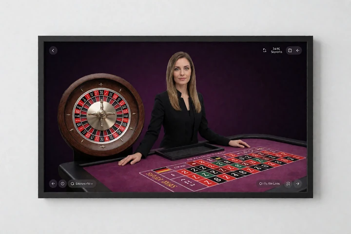 Live-Roulette-Tisch mit Dealerin, Setzfeld und Sprachbereich im DudeSpin Online Casino