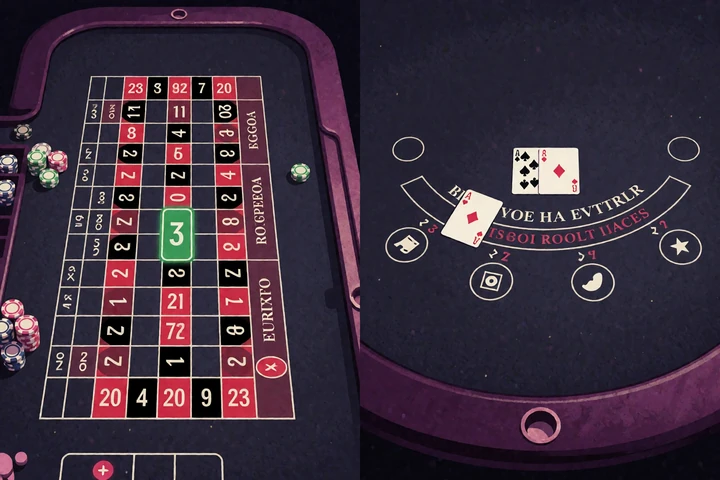 Europ&auml;isches Roulette-Setzfeld mit markierter Null neben einer &Uuml;bersicht zu regelabh&auml;ngigen Blackjack-Entscheidungen