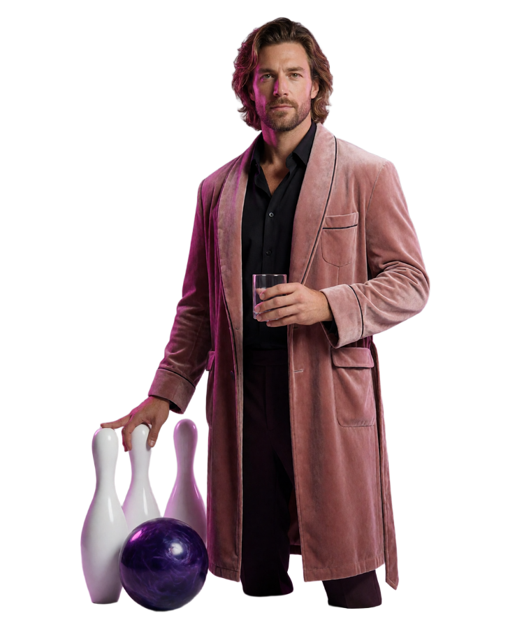 Langhaariger DudeSpin-Mann im rosa Bademantel mit Glas, violetter Bowlingkugel und Kegeln vor dem Spielekatalog