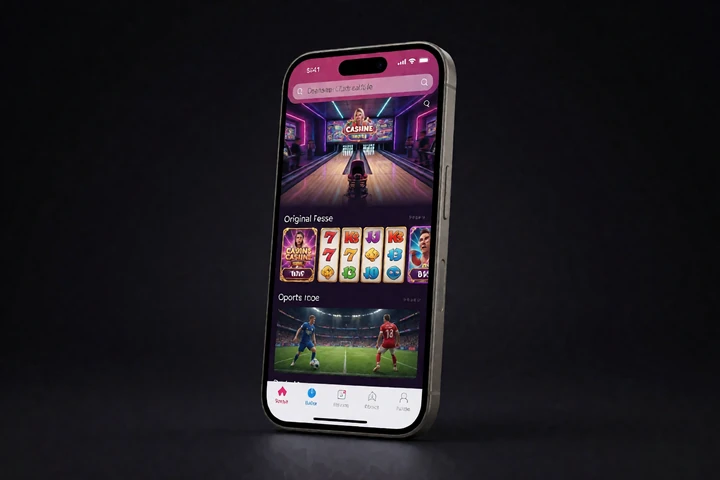 DudeSpin Casino- und Sportlobby in einem mobilen Browser mit Bowling-Funktion und Spielkacheln
