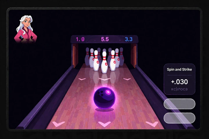 Spin-&-Strike-Minispiel mit Bowlingbahn, violetter Kugel, Kegeln und Ergebnisbereich bei DudeSpin