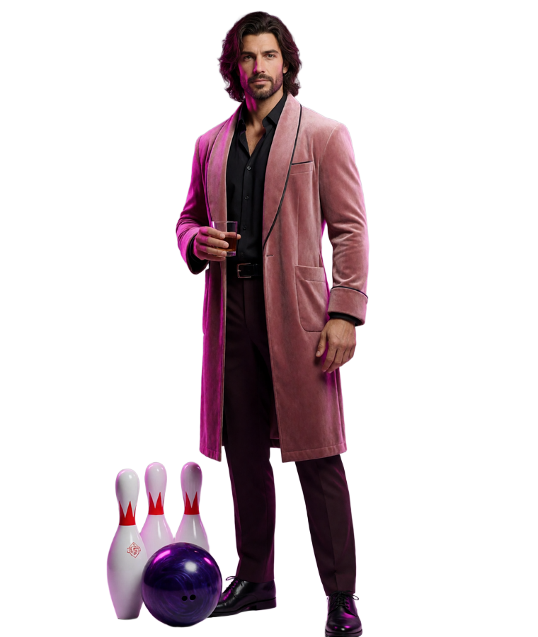 Langhaariger DudeSpin-Maskottchen-Mann im rosa Bademantel mit Glas, Bowlingkugel und Kegeln im Casino-Stil